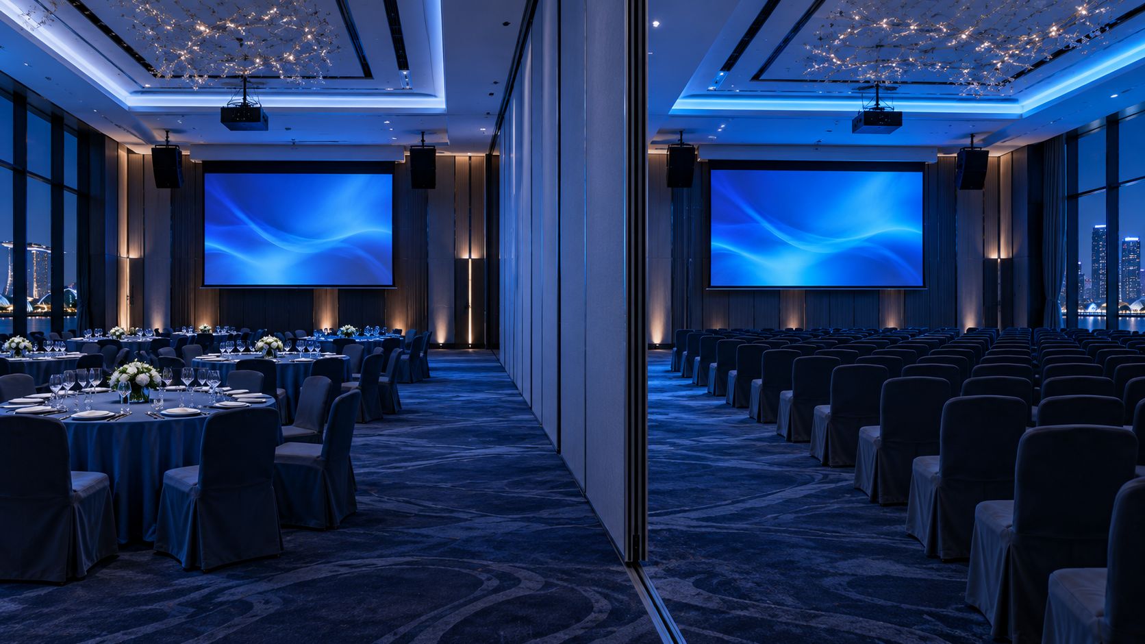 Function room with a movable partition, the two halves running as one combined space